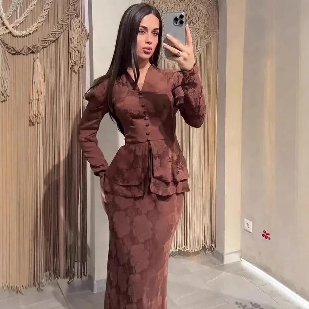 Dark brown women's long sleeve retro dress with plant and flower print, showcasing fake two-piece design and button details.