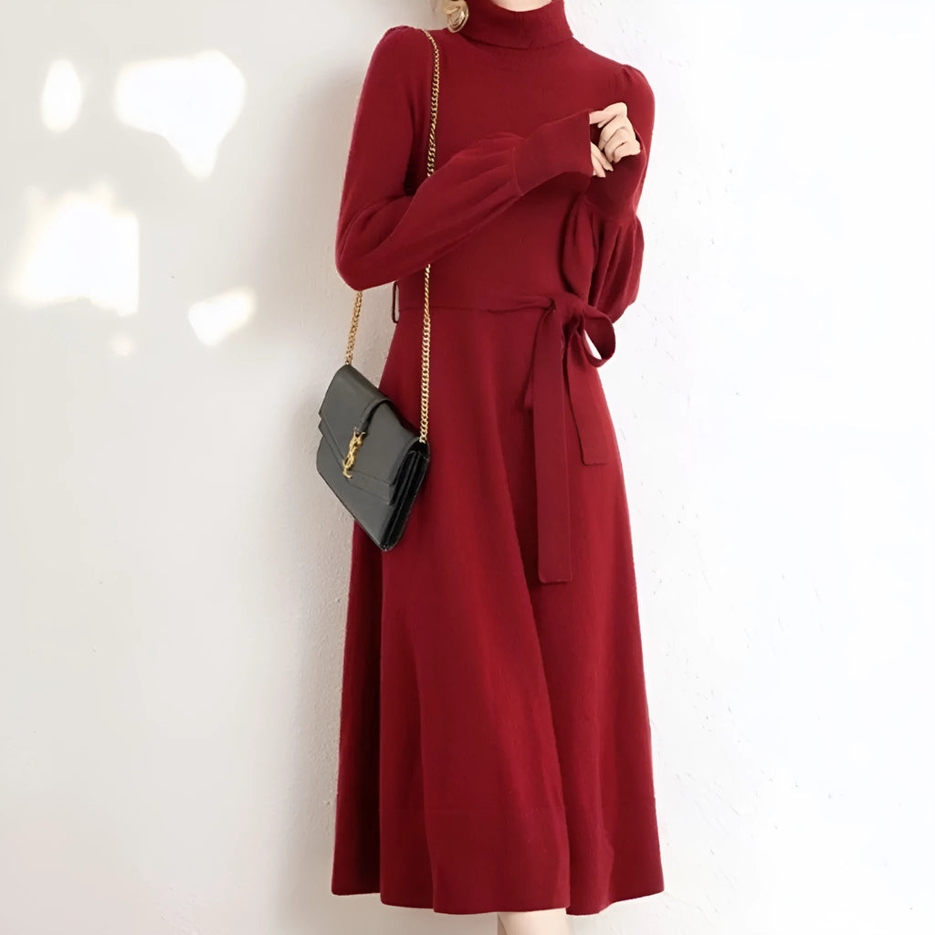 Rose red turtleneck knit dress with long sleeves, elastic waist, and a loose mid-length hem.