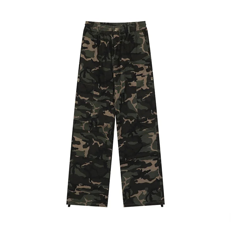 Camouflage cotton cargo pants with adjustable leg shaping for men and teens, mid waist straight type