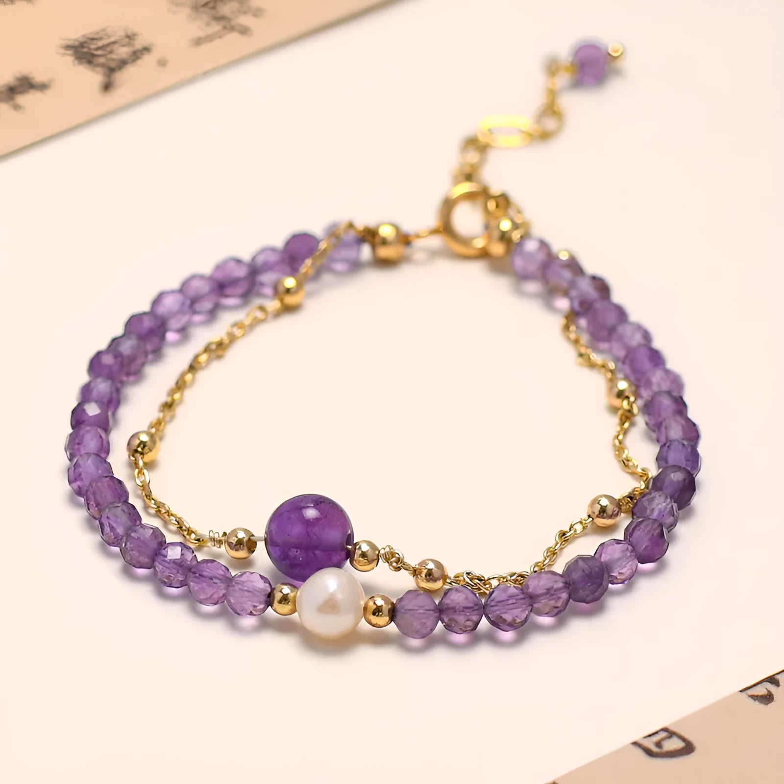 Amethyst crystal Chinese style women's bracelet with diamond-shaped stones and adjustable electroplated band
