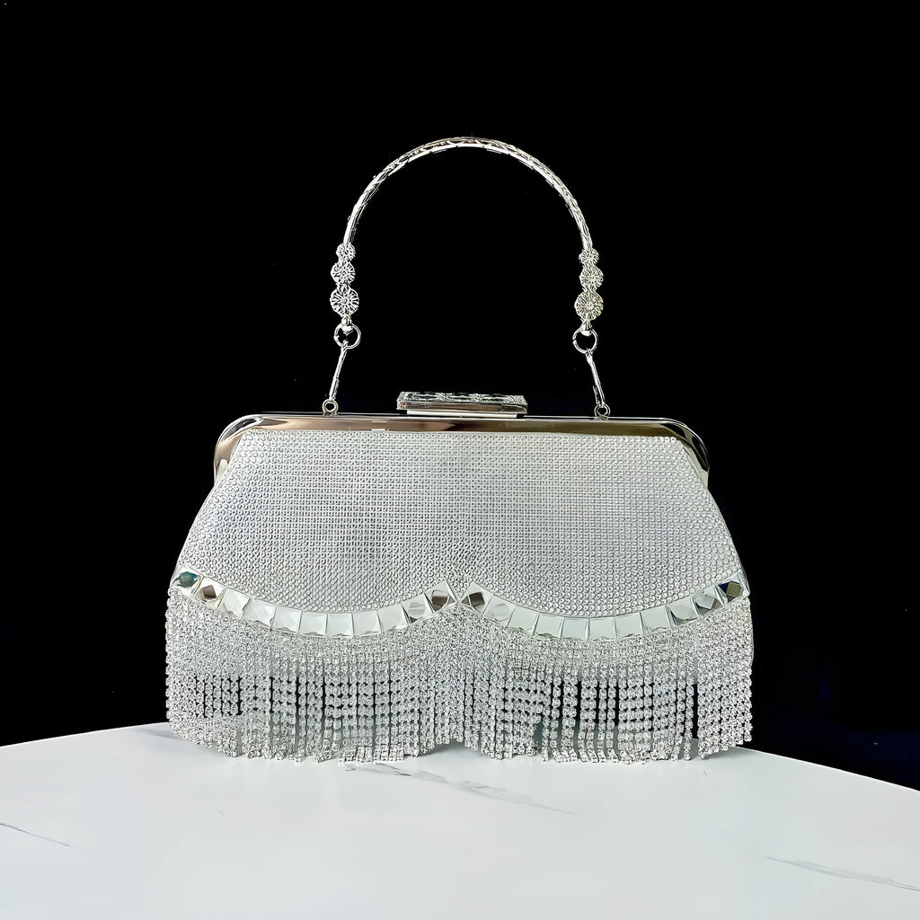 Tassel crossbody banquet bag in polyester shell shape with diamond chain and open pocket, available in black, gold, or silver