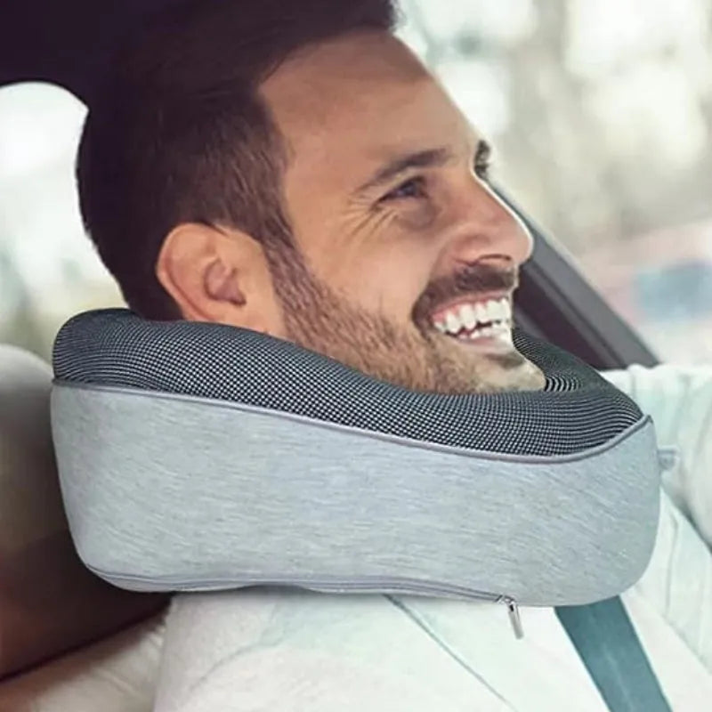 U-shaped travel neck pillow with memory foam filling in navy blue colour with buckle fastening