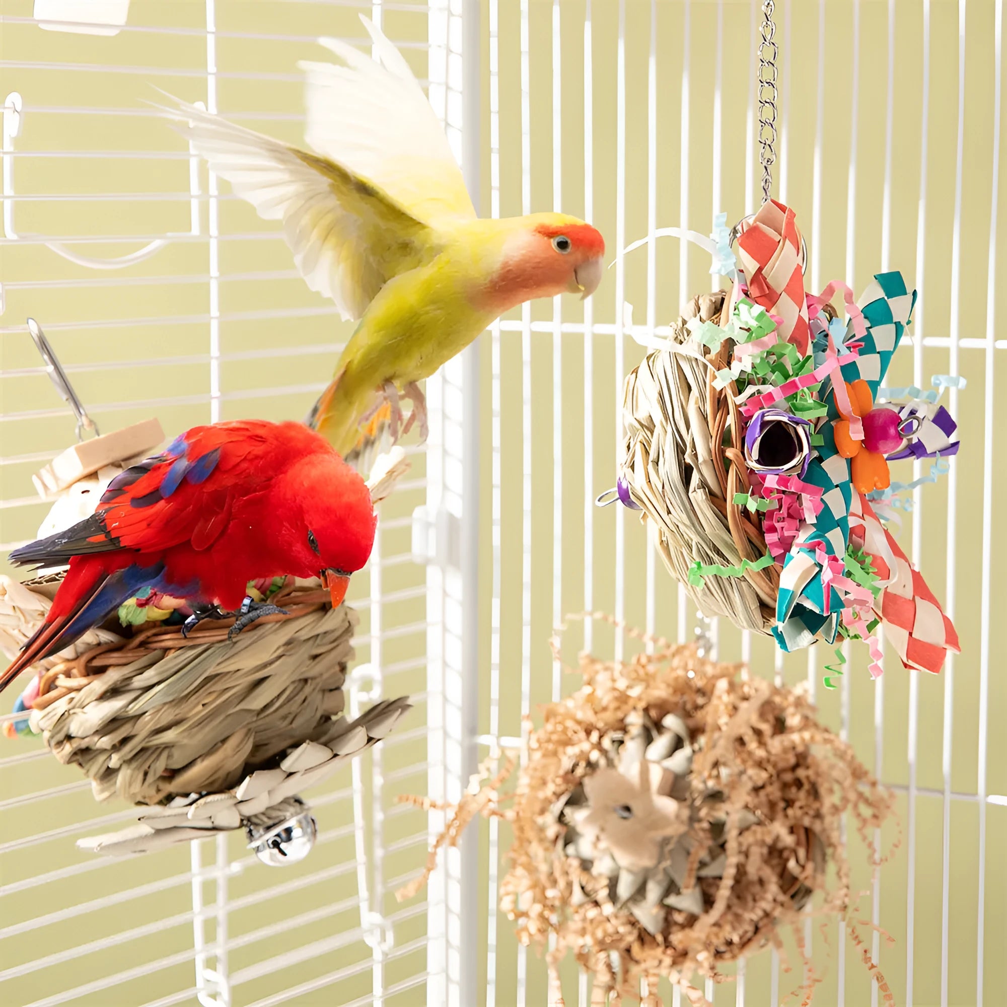 Parrot gnawing toy set with three wood and sisal rope chew designs for molar activity.