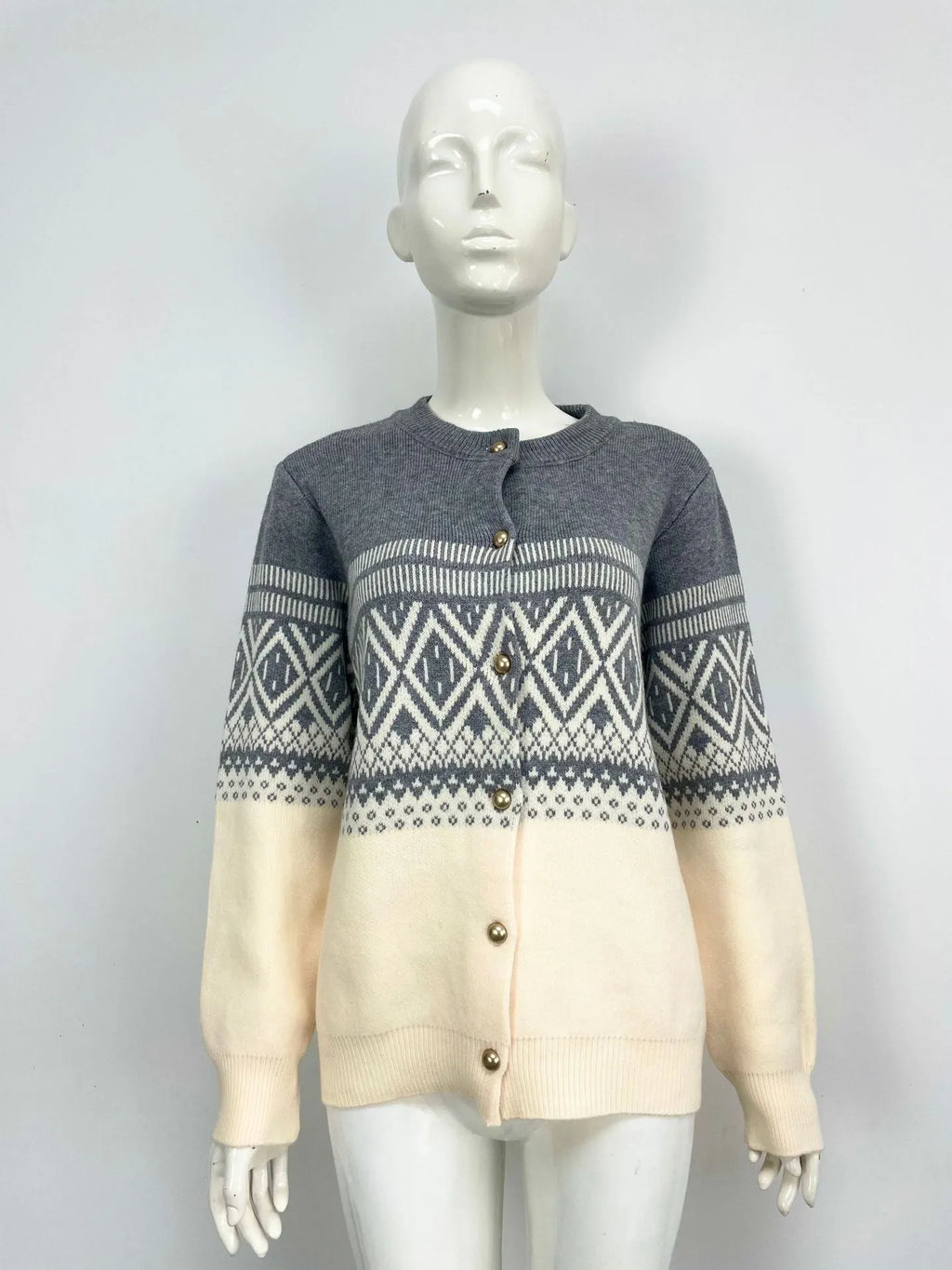 Grey women's alpaca wool cardigan with diamond knit pattern and contrast colour long sleeves.