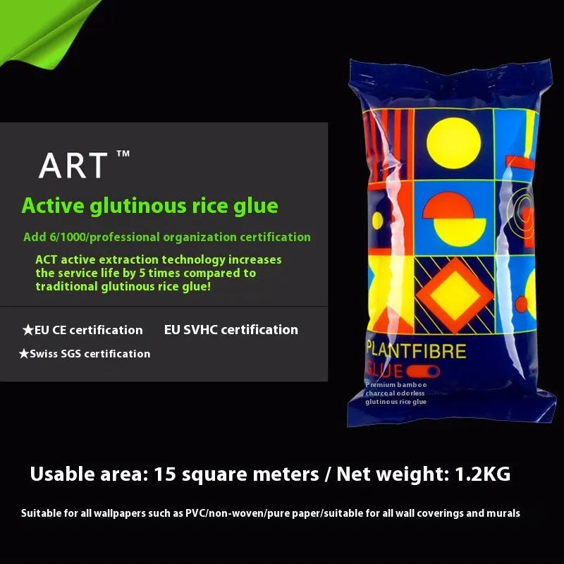 Three rolls of Glue E clean smell, formaldehyde-free glutinous rice wallpaper adhesive on a white background.