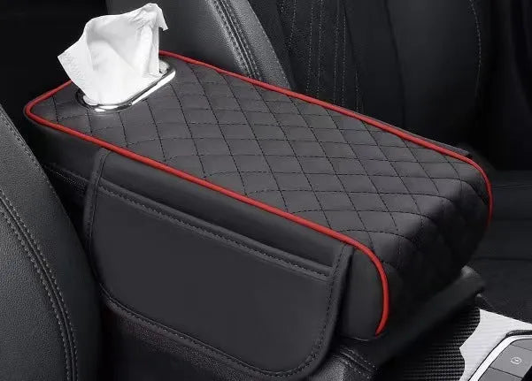 Universal car armrest box cushion in leather with built-in tissue buggy bag