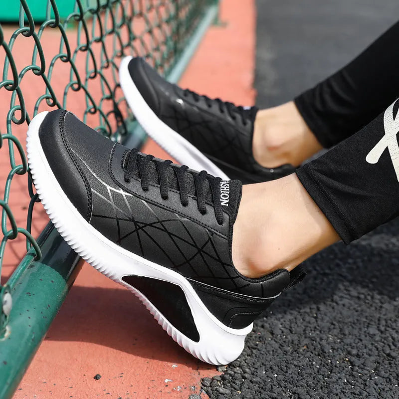 Men's casual running shoes with microfiber upper, mesh lining, PU sole, in black red, black gold, or black and white, sizes 39-44