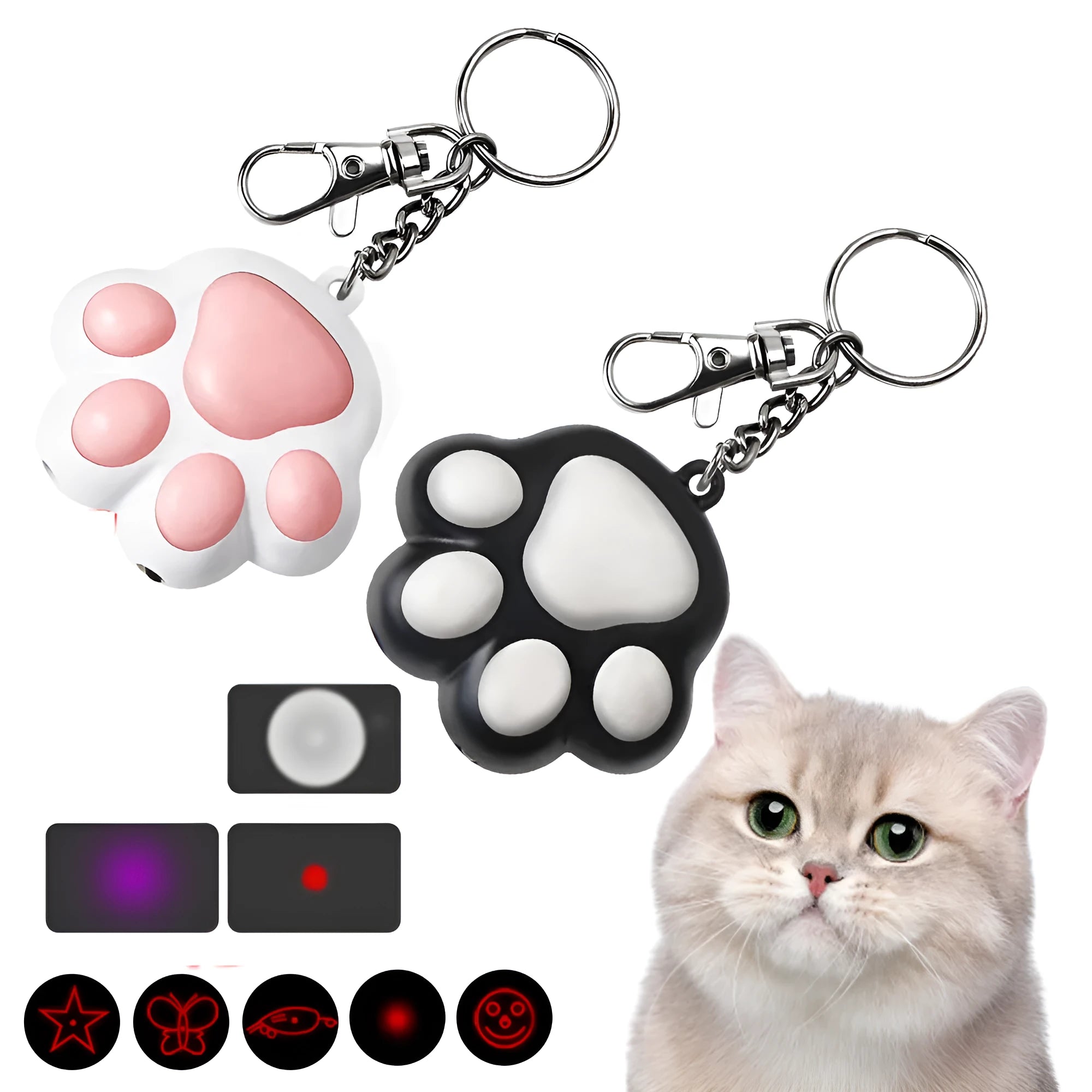 Pink and black USB rechargeable infrared cat teaser toy with keychain measuring 5x2.5cm