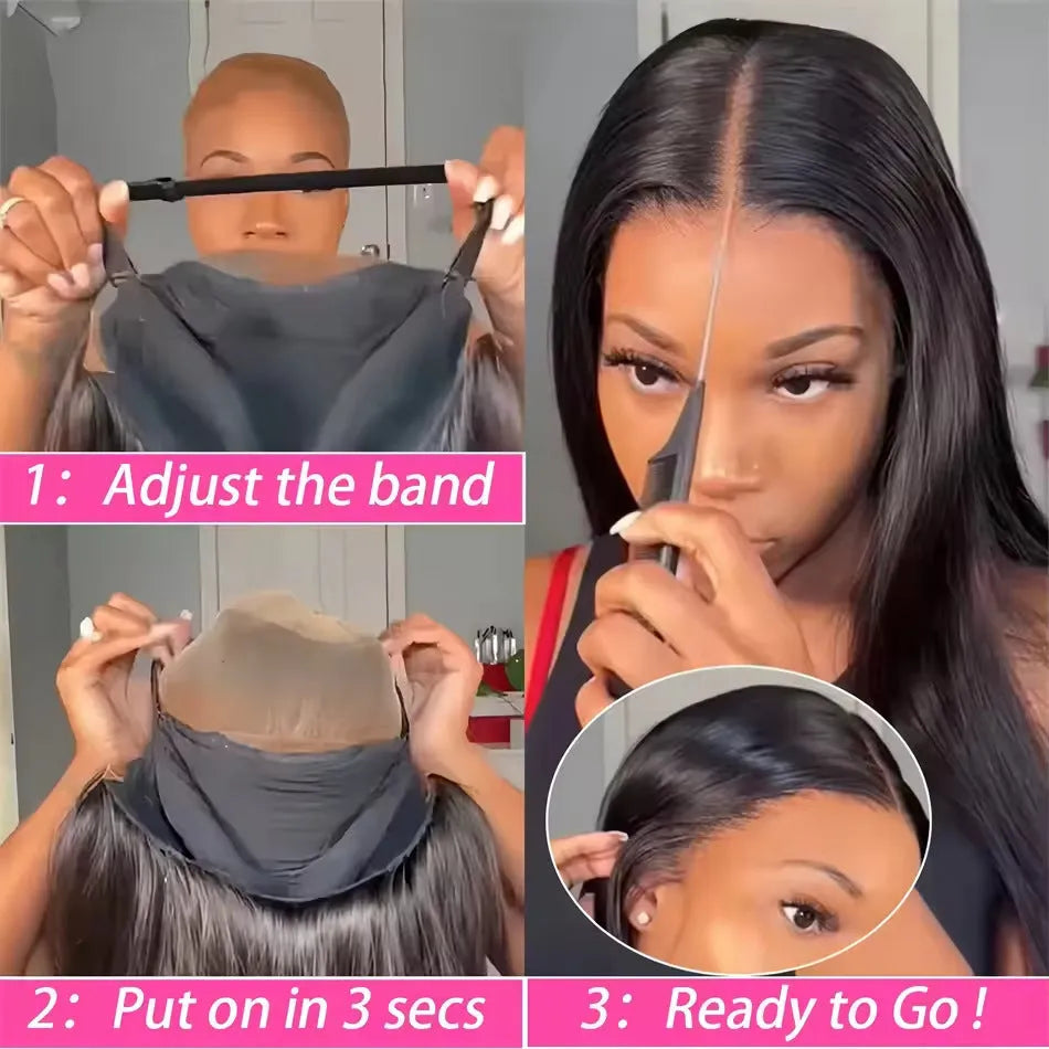 A woman wearing a long straight human hair glueless wig with side bangs.
