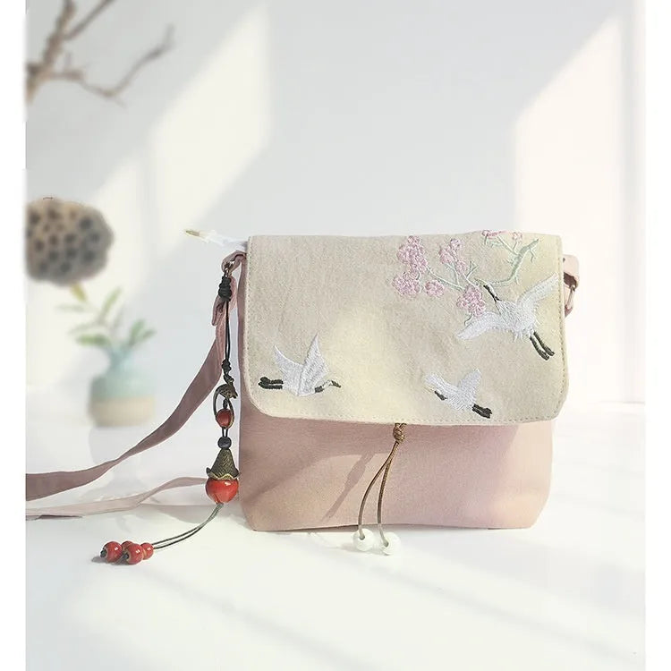 Cotton and linen antique embroidery crossbody bag in Gray Blue Epiphyllum colour, canvas material, small square shape