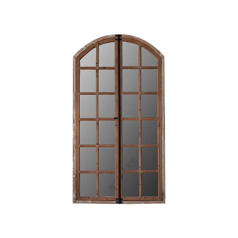Terrace distressed fake window wall mirror with rustic log colour wooden-glass frame