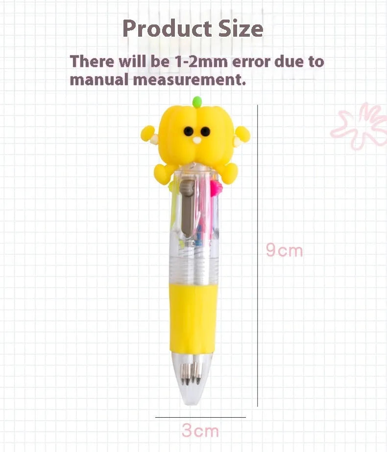 Four-colour press ballpoint pen with a random cute cartoon design, such as cactus or fast food, showing its press mechanism.