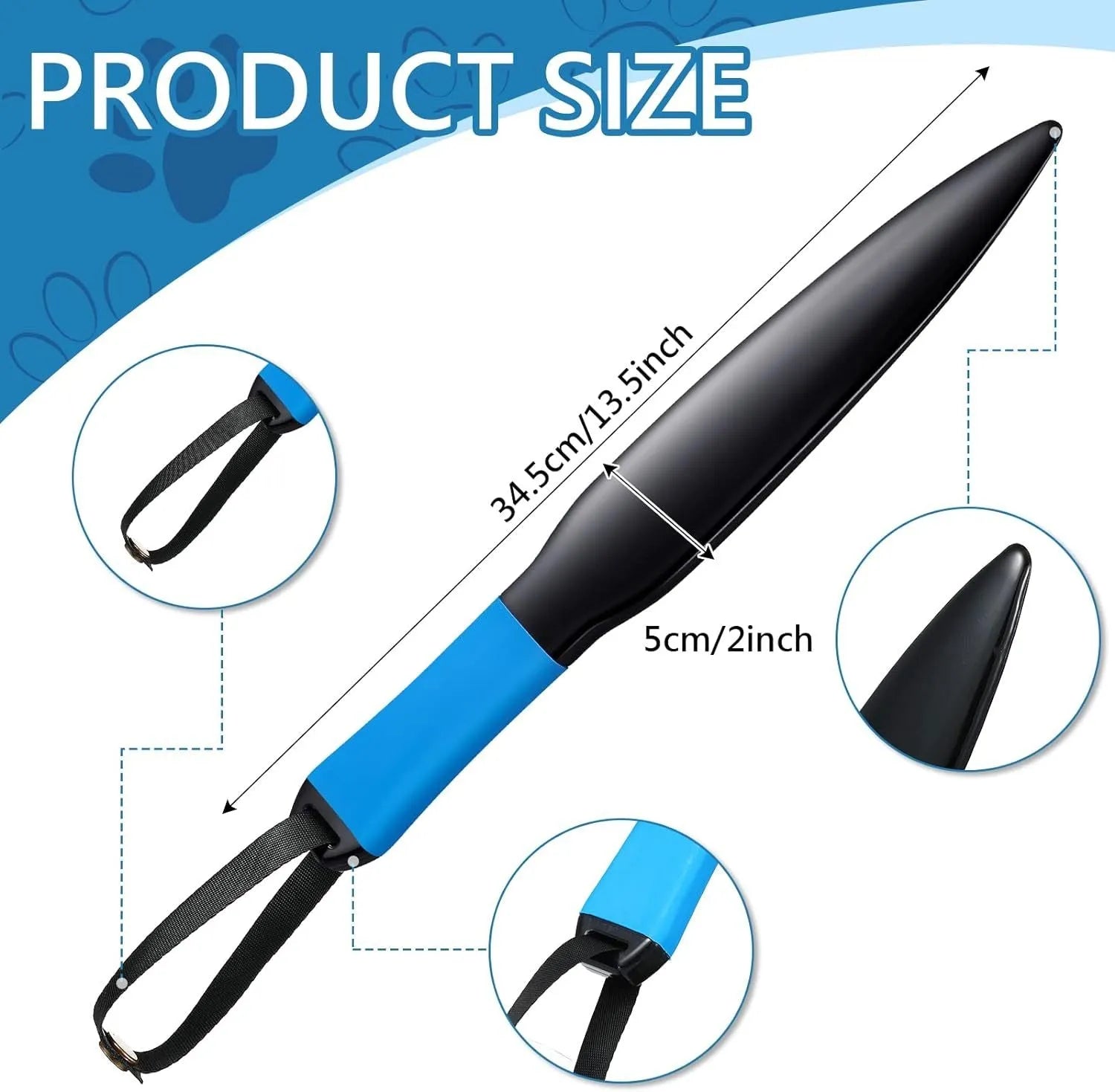 Blue-handled nylon dog bite training stick measuring 35cm in length for small and medium breeds.
