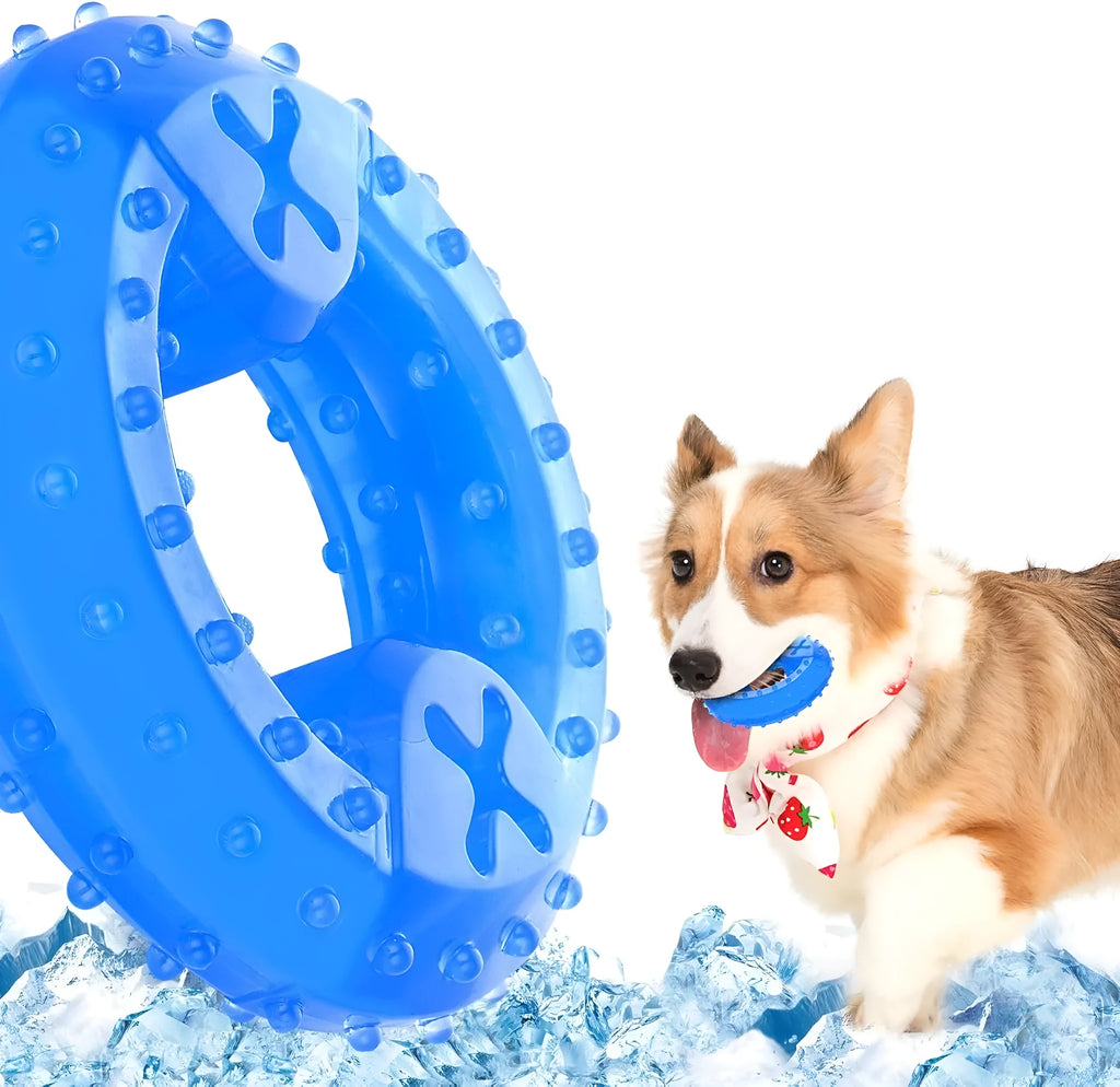 Blue freezable dog chew toy in bone and circle shapes for teething and cooling relief.