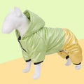 Green waterproof dog coat on a dog, showing four-legged design and cotton padding.