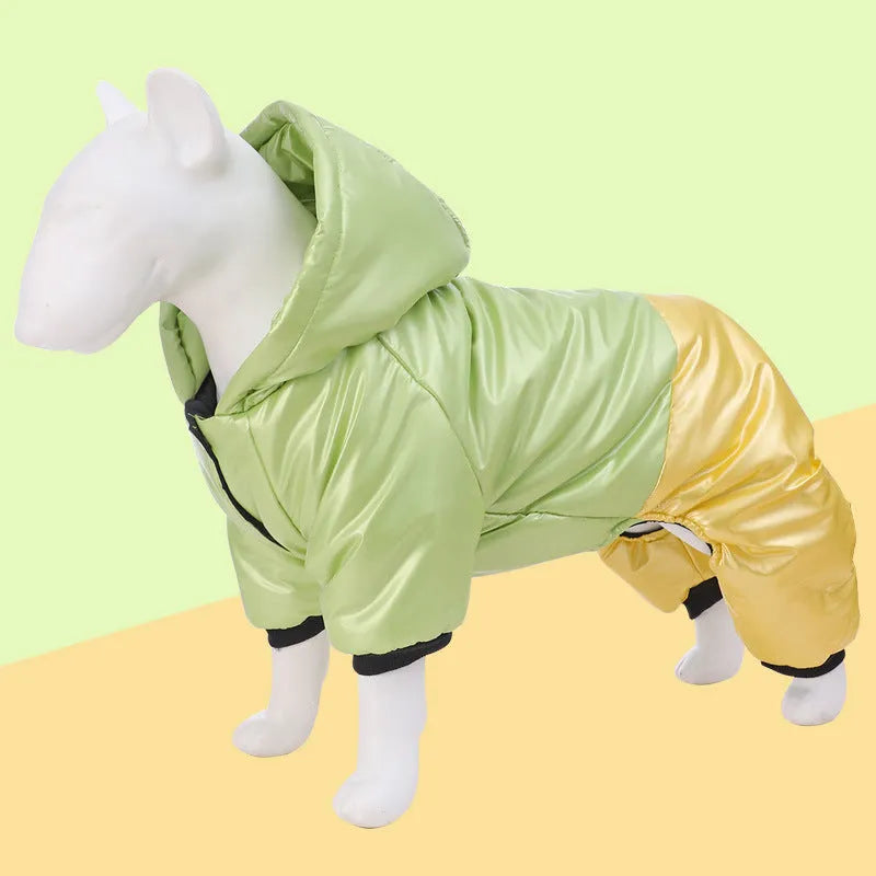 Green waterproof dog coat on a dog, showing four-legged design and cotton padding.