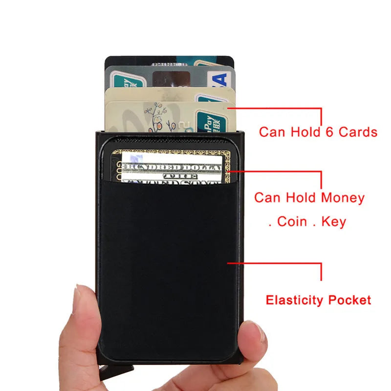 Frosted aluminium alloy metal credit card holder in multiple colours showing slim profile.