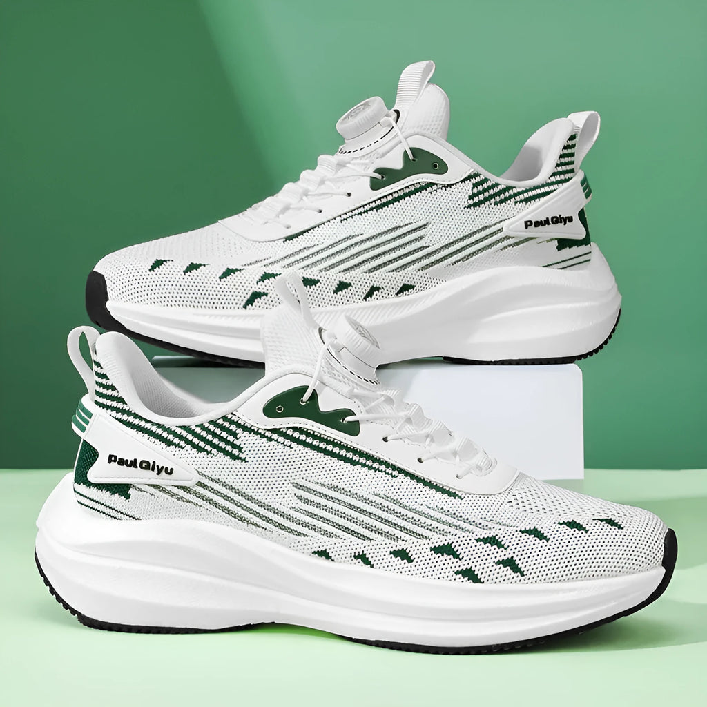 Men's white green and grey Fly-kit mesh sports shoes with rotating buckle closure and lace-up front