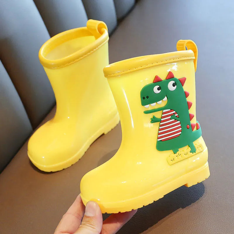 Children's non-slip low-top rain boots with dinosaur pattern in blue, pink, and yellow, PVC material, inner lengths 14-20cm