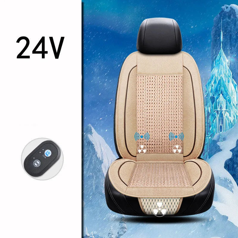 Black car ventilation seat cushion with power cord on car seat measuring 60 by 60 centimetres
