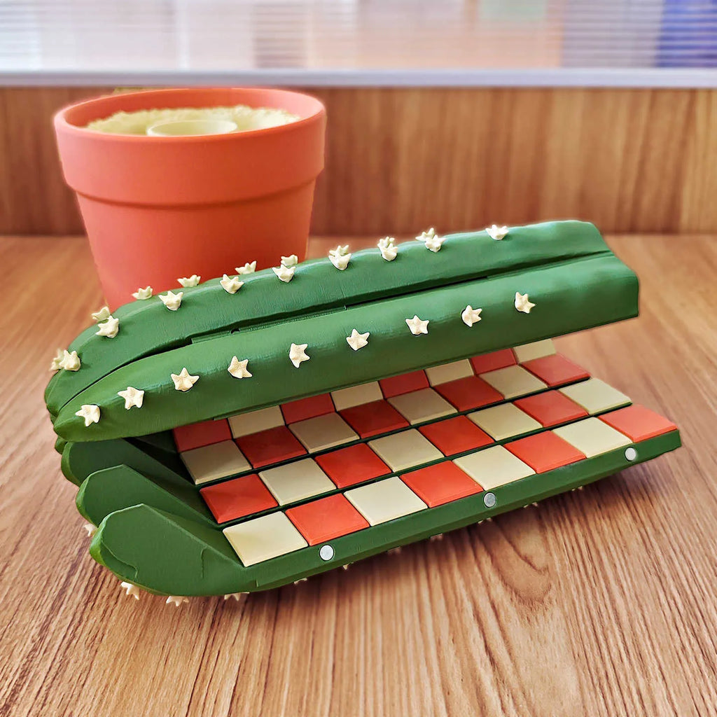 Magnetic cactus succulent theme chess set with 24 green 3D printed PLA pieces on a white background