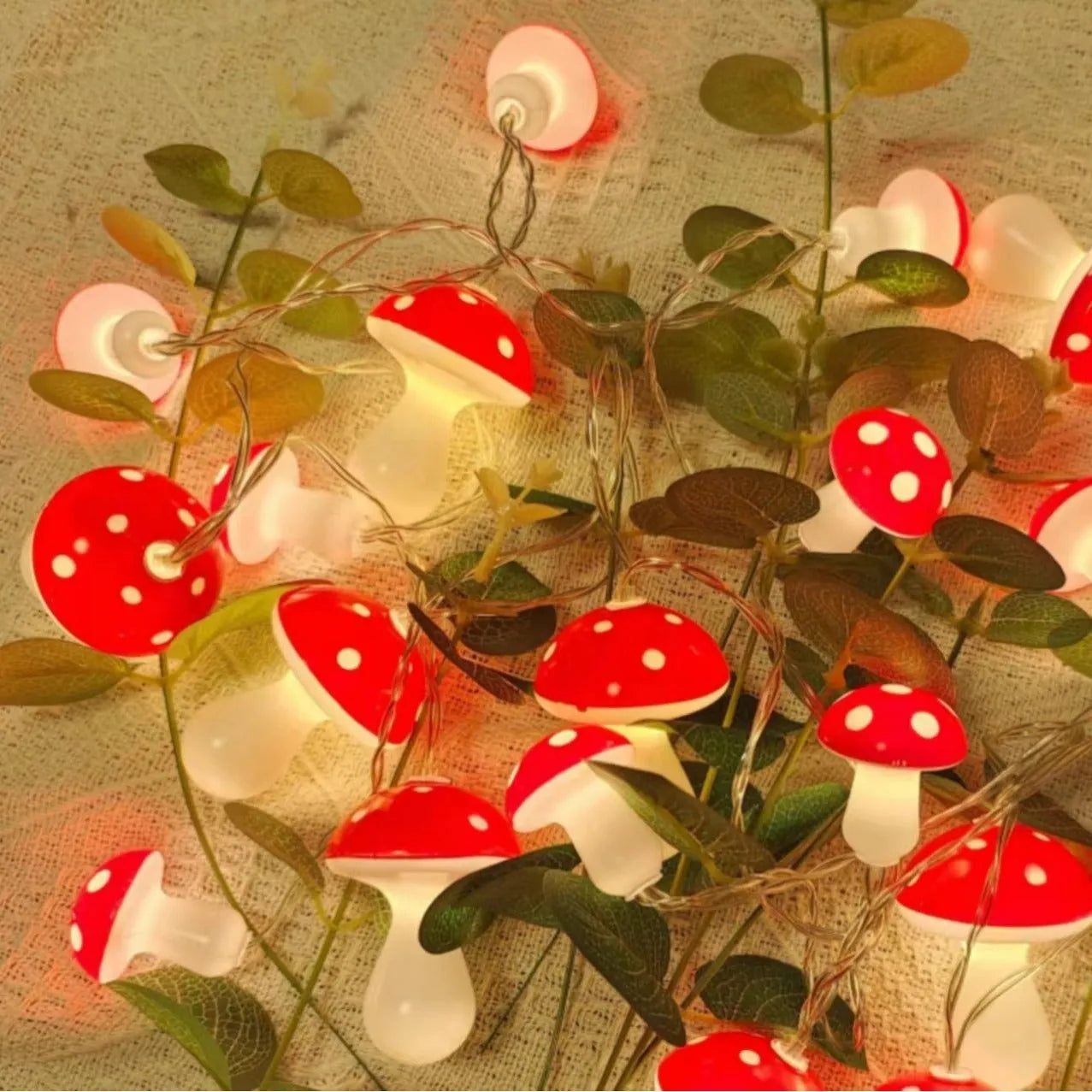 LED mushroom lighting chain with 10 warm glow lights on a tabletop indoor holiday decoration
