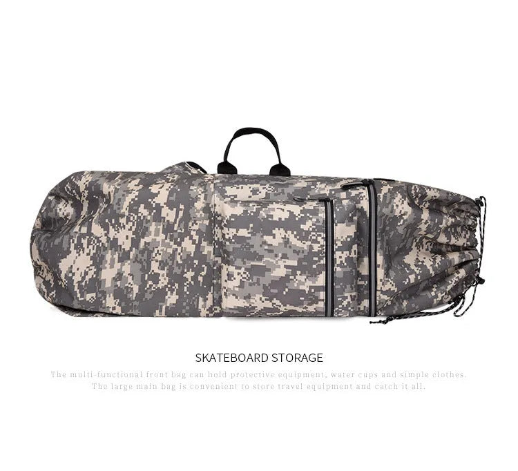 Roll-up skateboard bag in black nylon with an adjustable shoulder strap, shown carrying a skateboard.