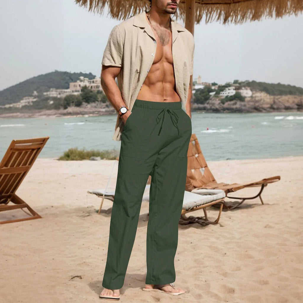 Men's cotton linen beach trousers with drawstring elastic waist straight cut casual pants