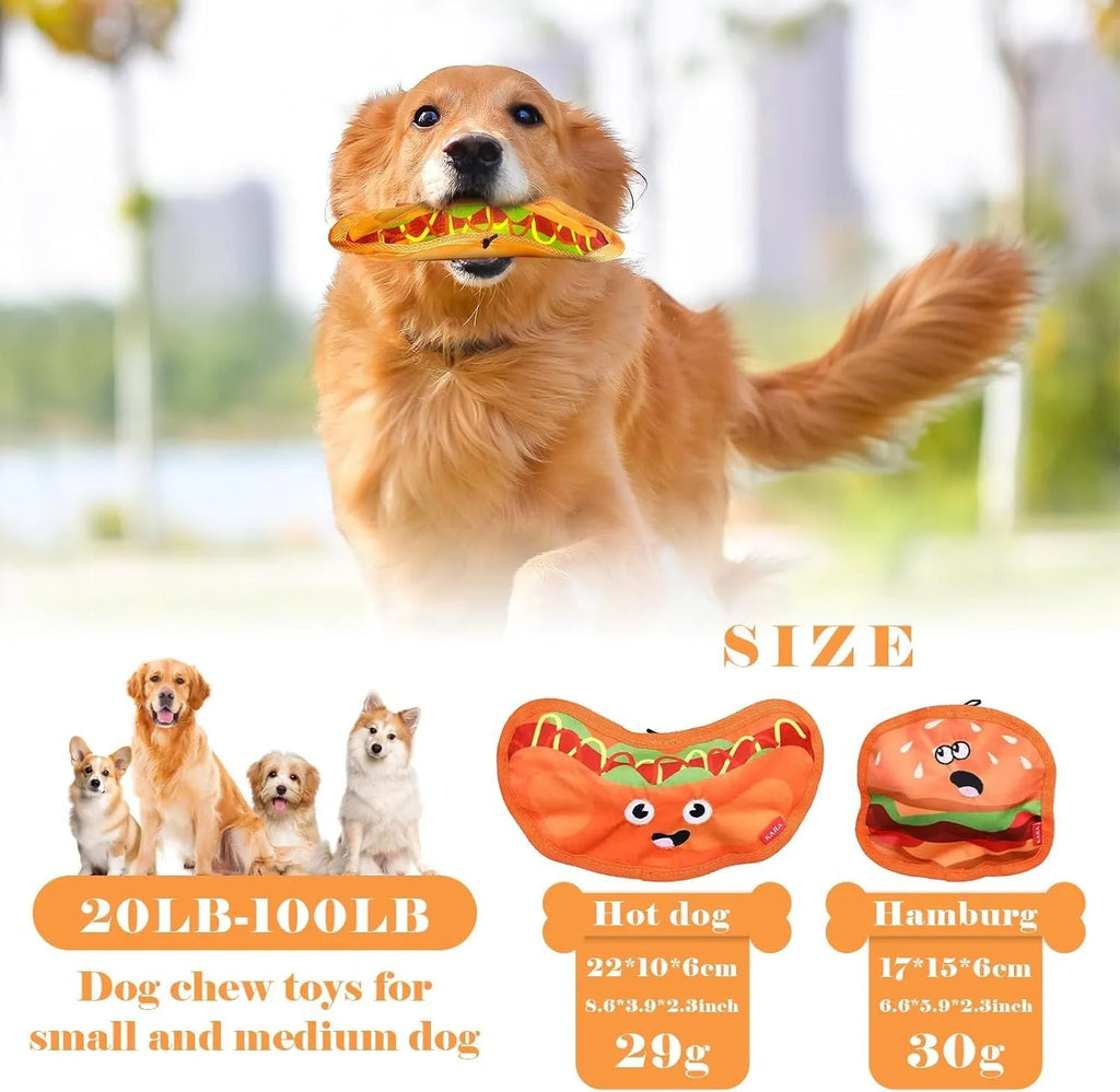 Food-shaped dog toys including hamburger, fries, hot dog and pizza designs with crinkle and squeak features