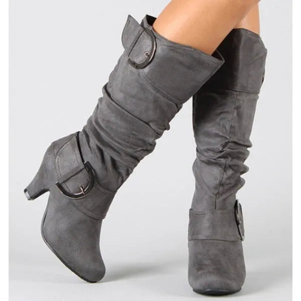 Women's brushed velvet suede high-cylinder boots with tapered heel, round toe, solid colour