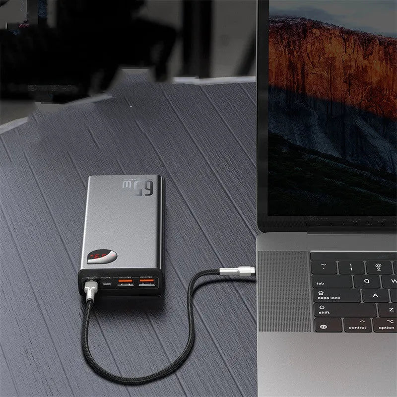 65W 20000mAh digital display power bank with LCD screen, plastic shell, black colour, front view
