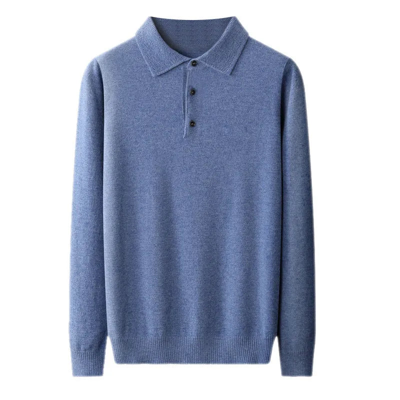 Men's polo collar wool sweater pullover in multiple colours on a size chart background.