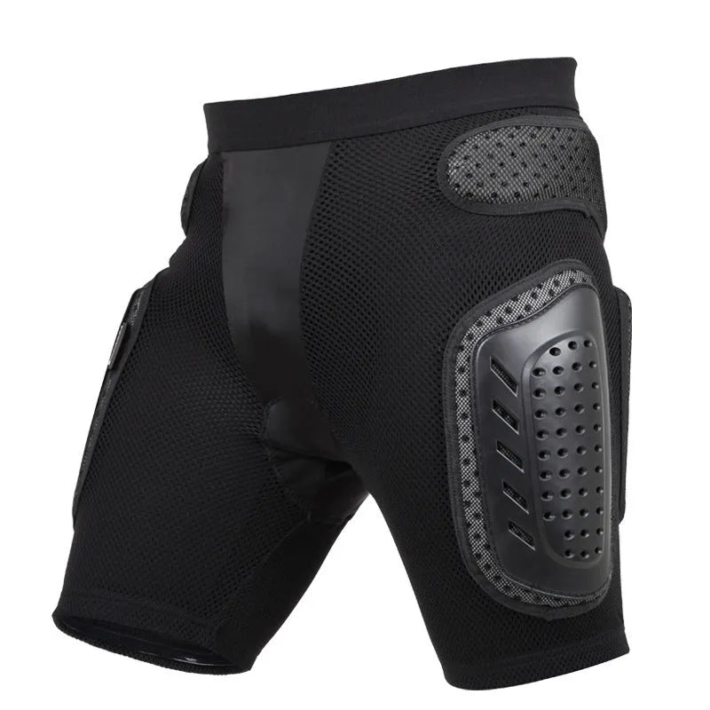 Black cycling protective hip pad pants on a mannequin, showing integrated padding at the hip area.