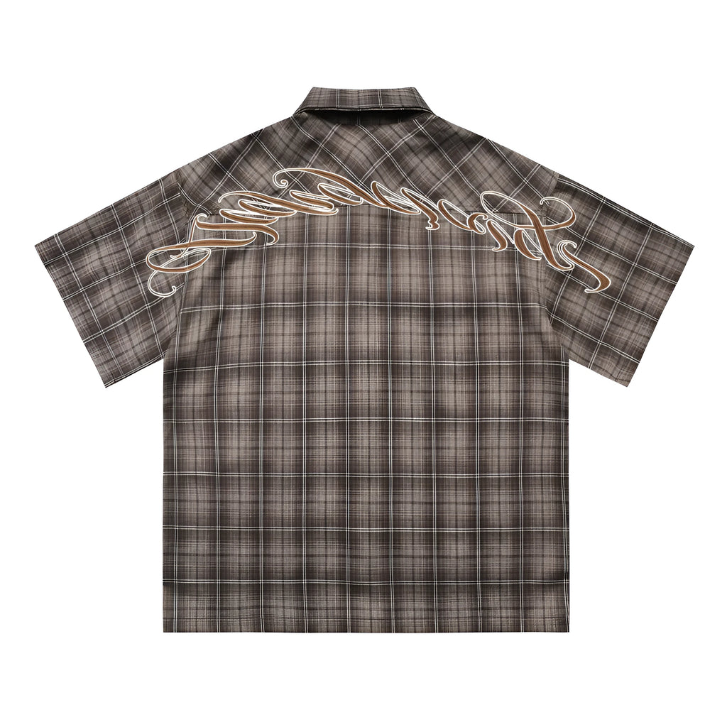 Men's black plaid short sleeve shirt with embroidered letter detail and loose fit design