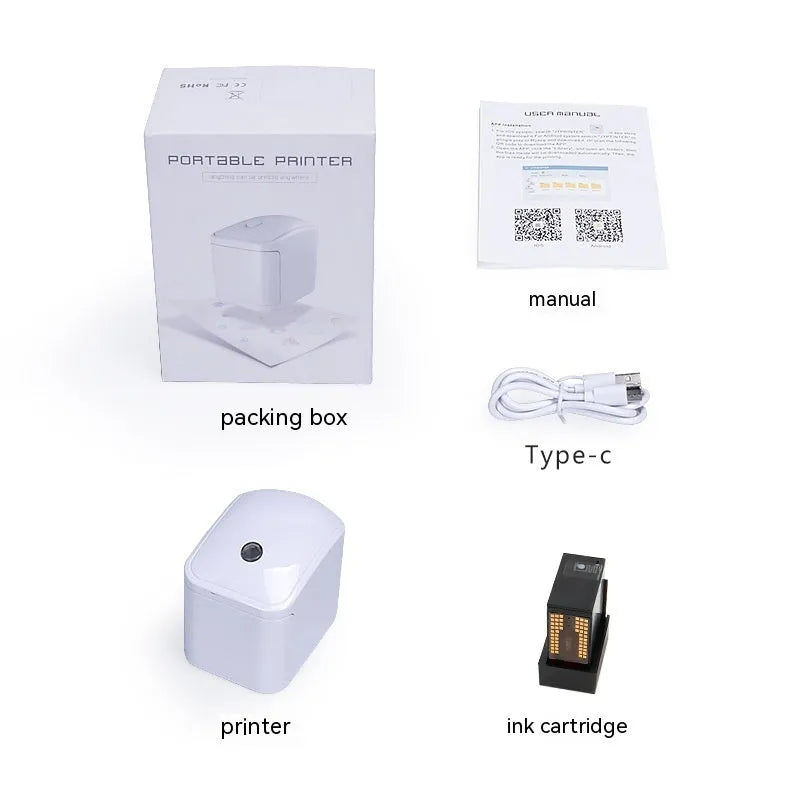 JT01 handheld mini printer in plastic casing with ink cartridge and Type-C cable