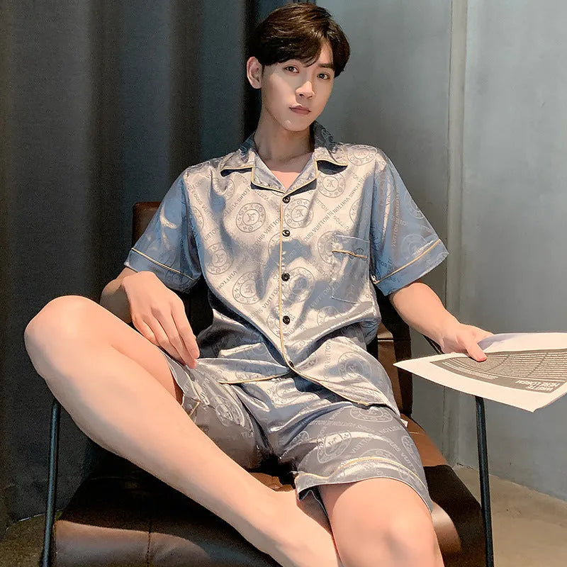 Men's ice silk short sleeve pajama set in plaid pattern, plus size loose fit, summer homewear suit