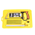 Seven-in-one alloy steel hand saw set with interchangeable blades on a wooden workbench