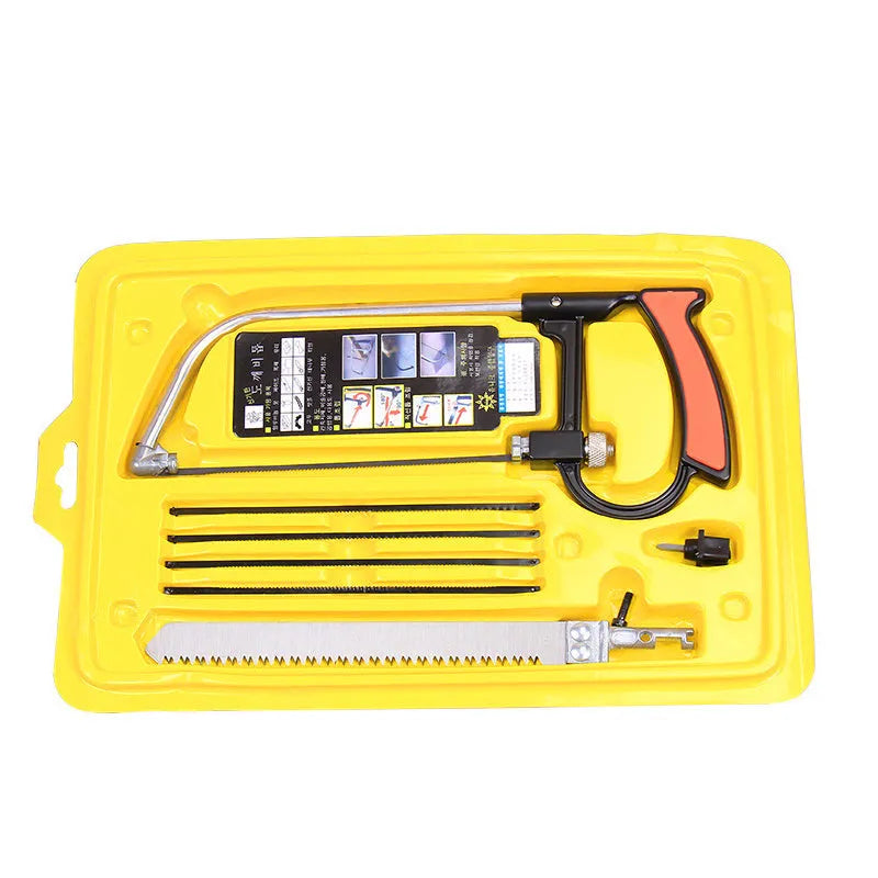 Seven-in-one alloy steel hand saw set with interchangeable blades on a wooden workbench