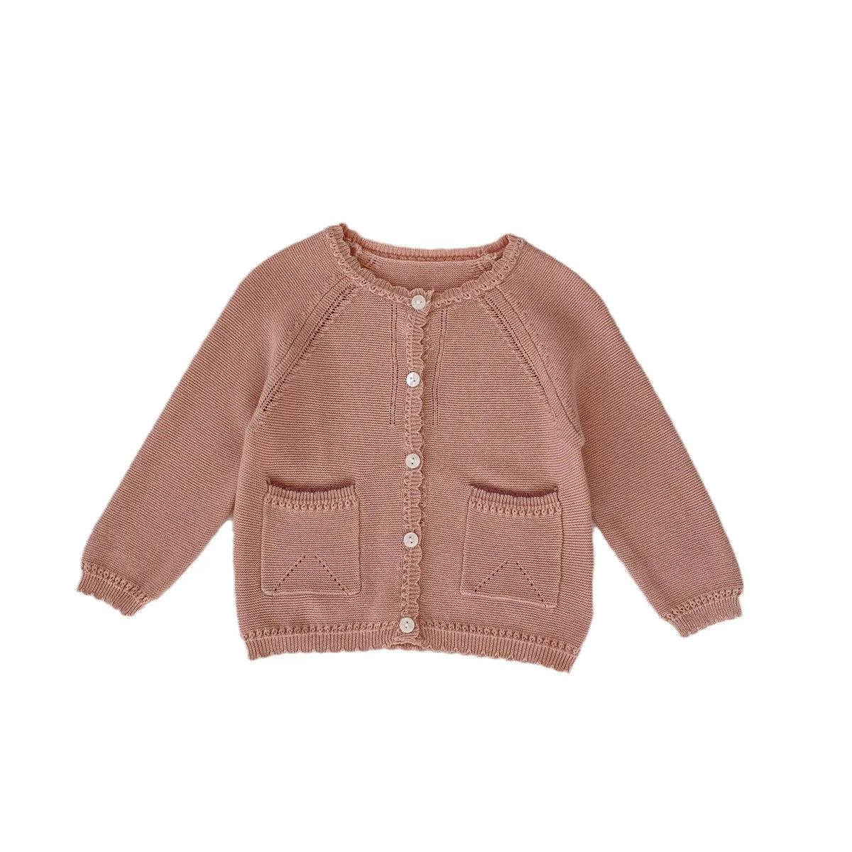 Baby girl sweet cardigan knitted coat in lotus root pink solid colour cotton yarn long sleeves