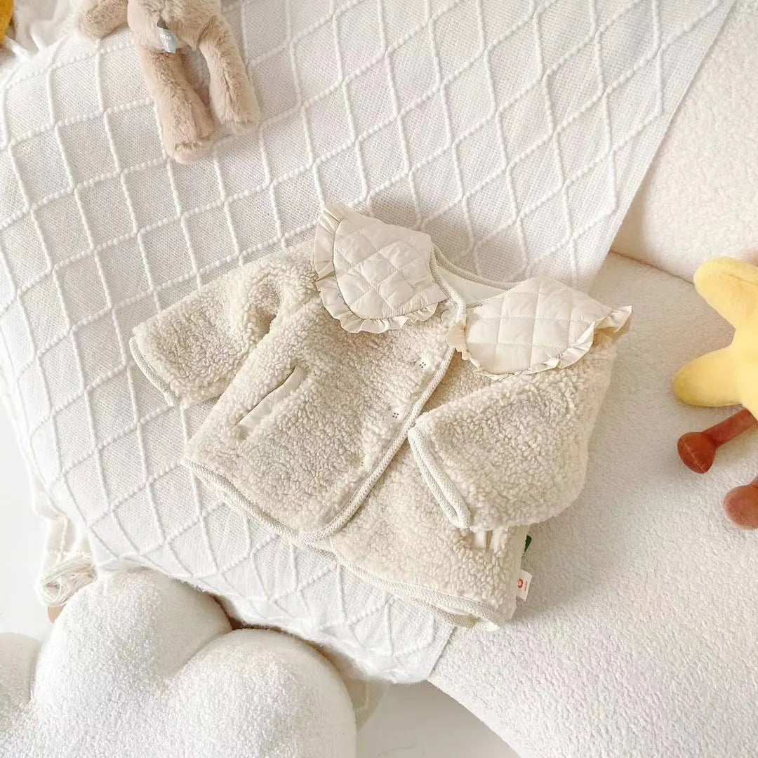 Fleece-lined children's jacket for boys, milky white, lapel design, single-breasted, suitable for 80-130cm height