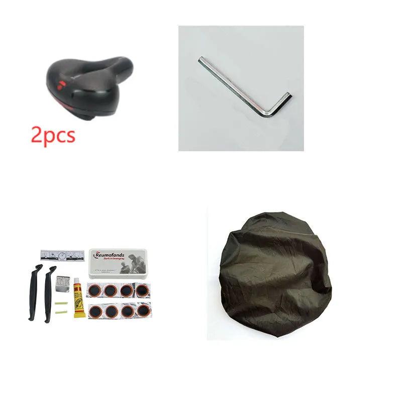 Thickened soft silicone bicycle saddle with PU leather cover, spring suspension, and included wrench and repair kit.