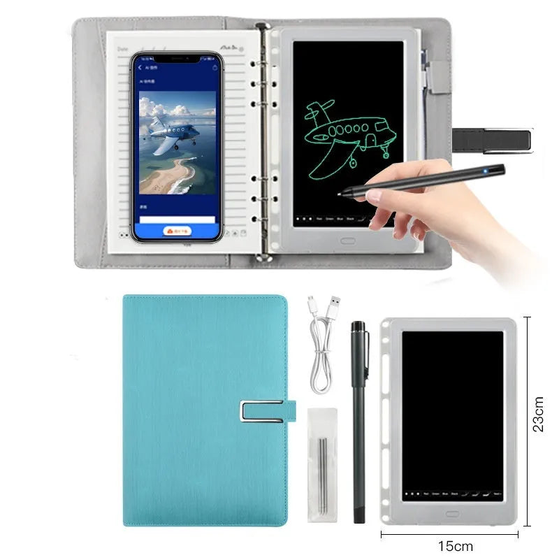 85-inch electronic writing pad with stitching design, smart pen, and USB cable in black, blue, or sky blue.