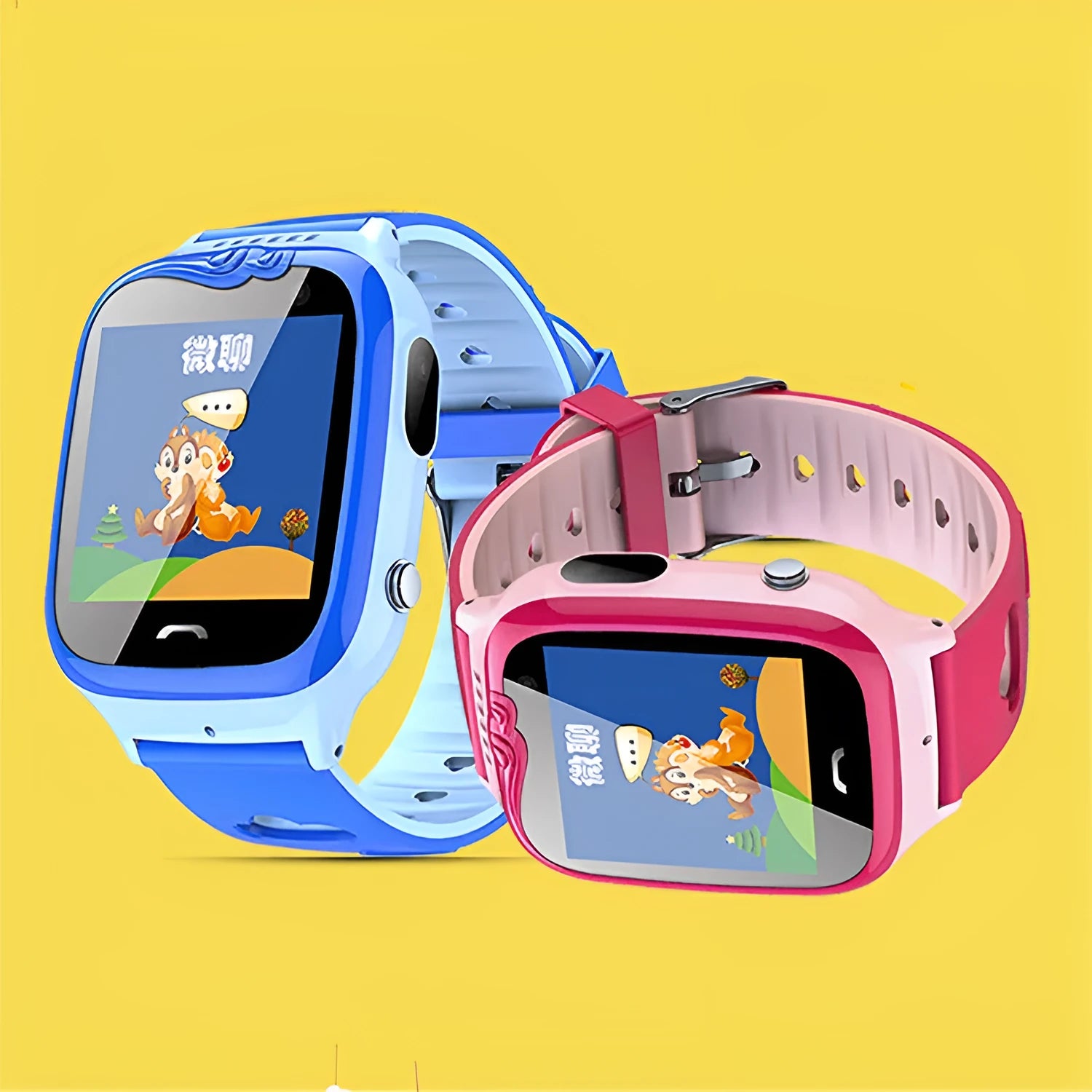 Children's smart phone watch with HD touchscreen and silicone wrist strap in pink or blue colour options