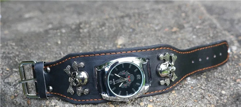 Men's black skull square watch with metal strap on wrist, 10mm thickness
