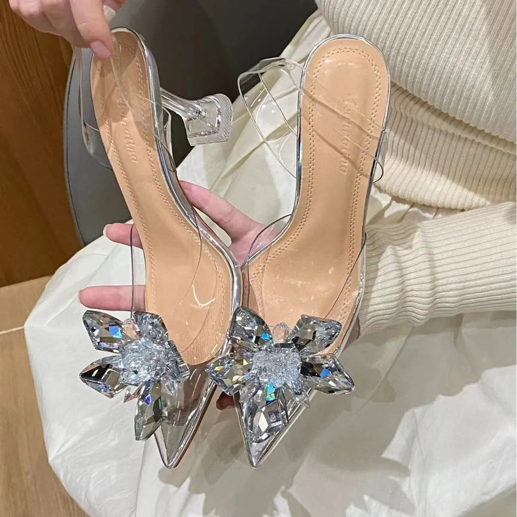 Women's transparent crystal flower high heels with pointed toe and microfiber construction