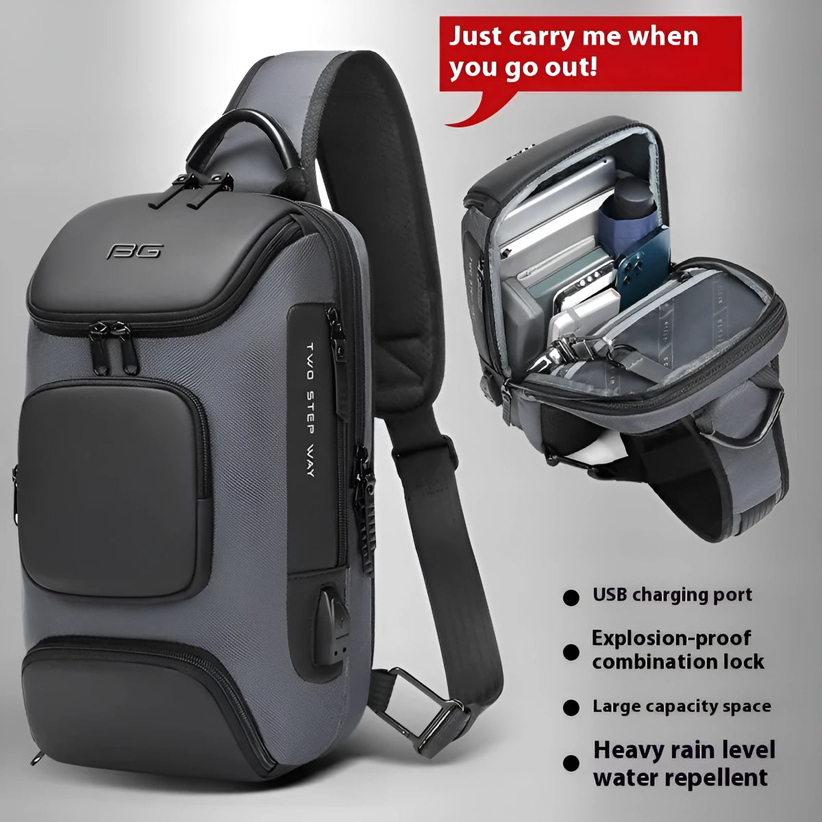 Men's mechanical style single-shoulder bag in black or grey Oxford cloth with polyester lining for business travel.
