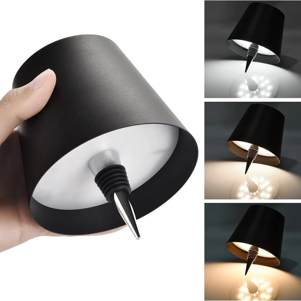 LED wine bottle table lamp with USB charging and three colour dimming modes in a white cylinder base