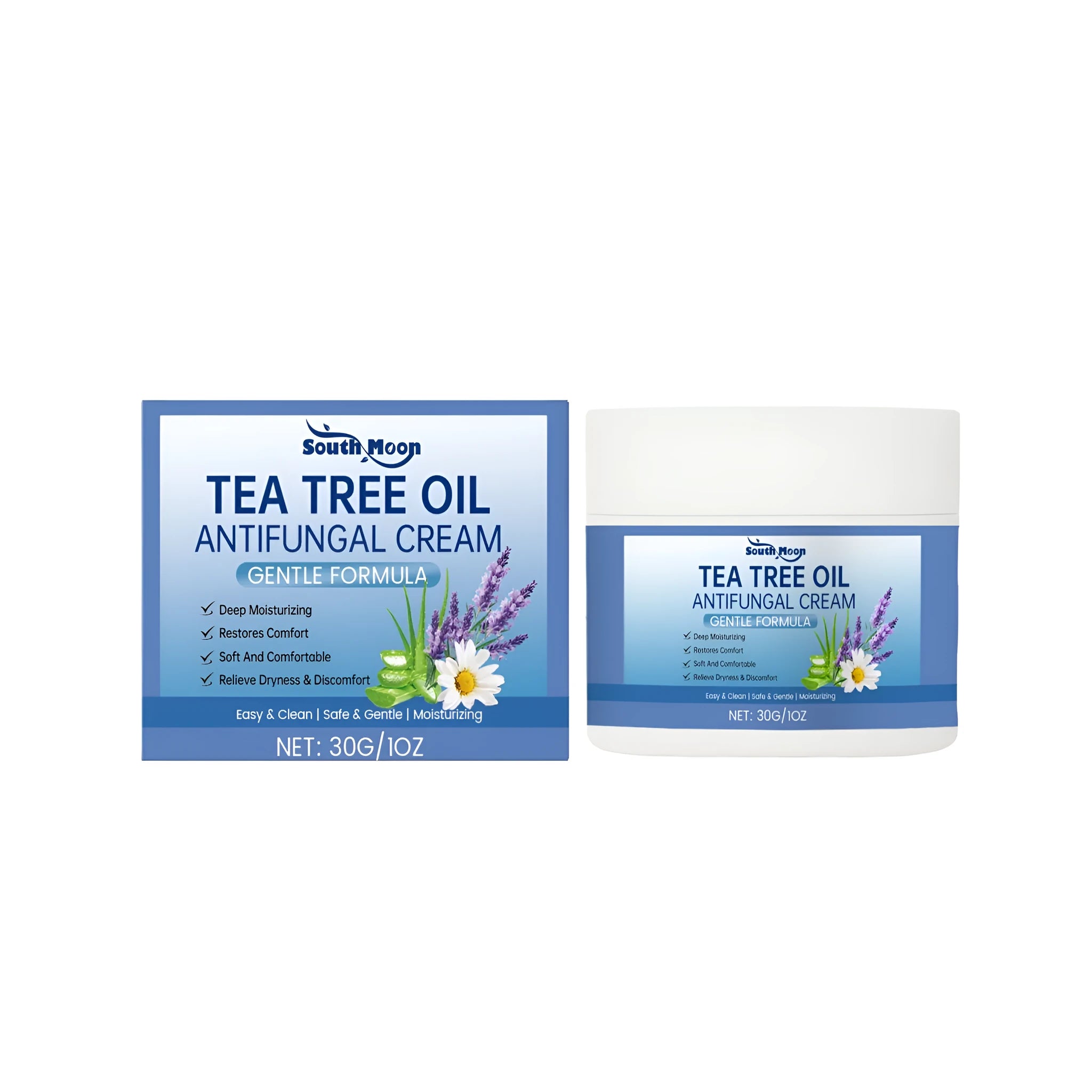 30g jar of body moisturising cream with tea, lavender, aloe vera, and golden chamomile extracts