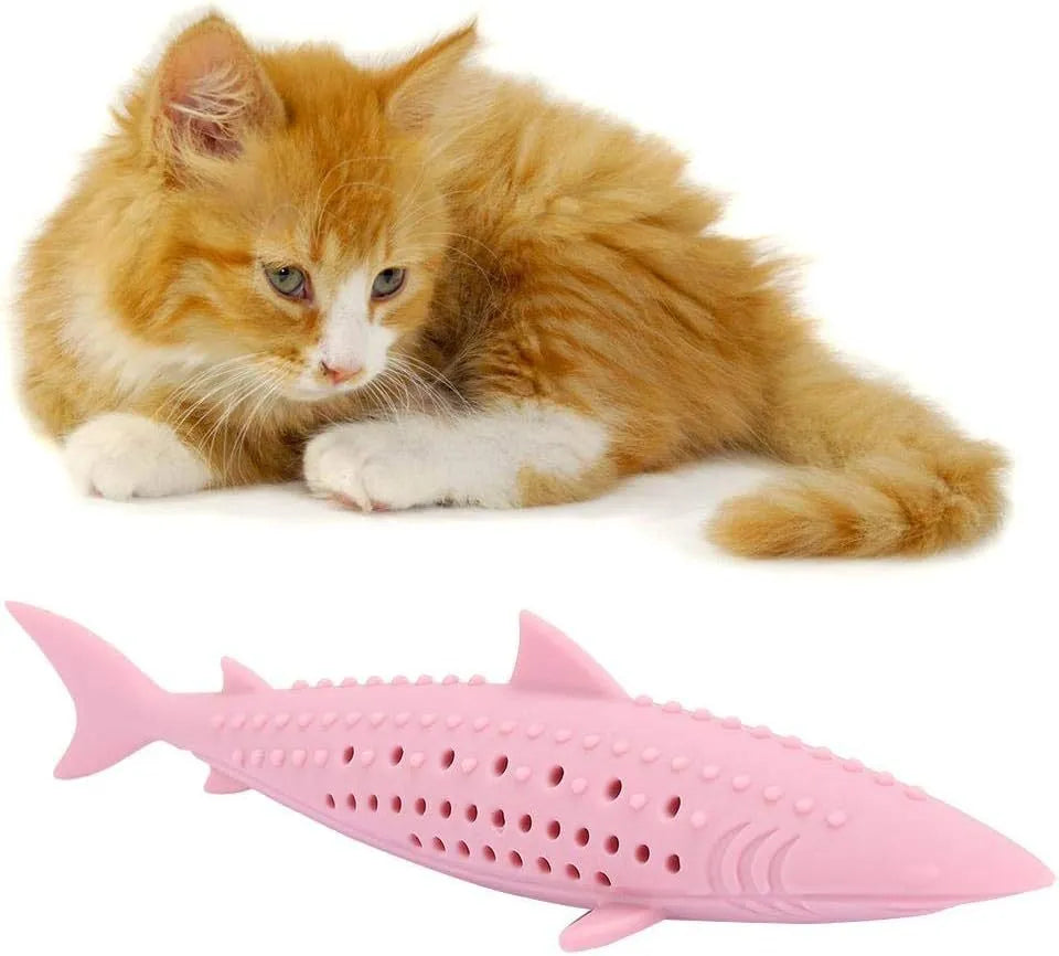 Green silicone fish-shaped cat chew toy with breathable side holes
