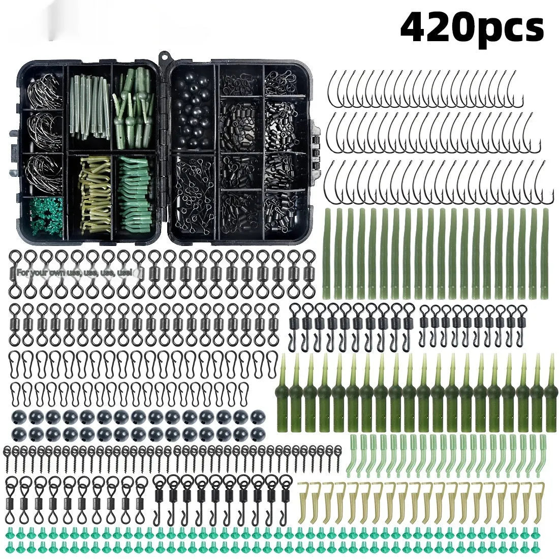 420-piece space beam carp fishing accessories set in 12cm x 9.5cm x 3cm box with swivels, pins, and hooks